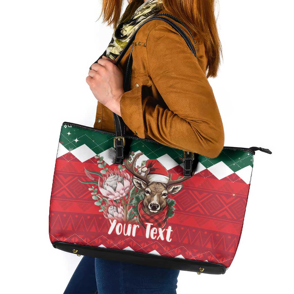 Personalized South Africa Christmas Leather Tote Bag Springbok With King Protea LT18