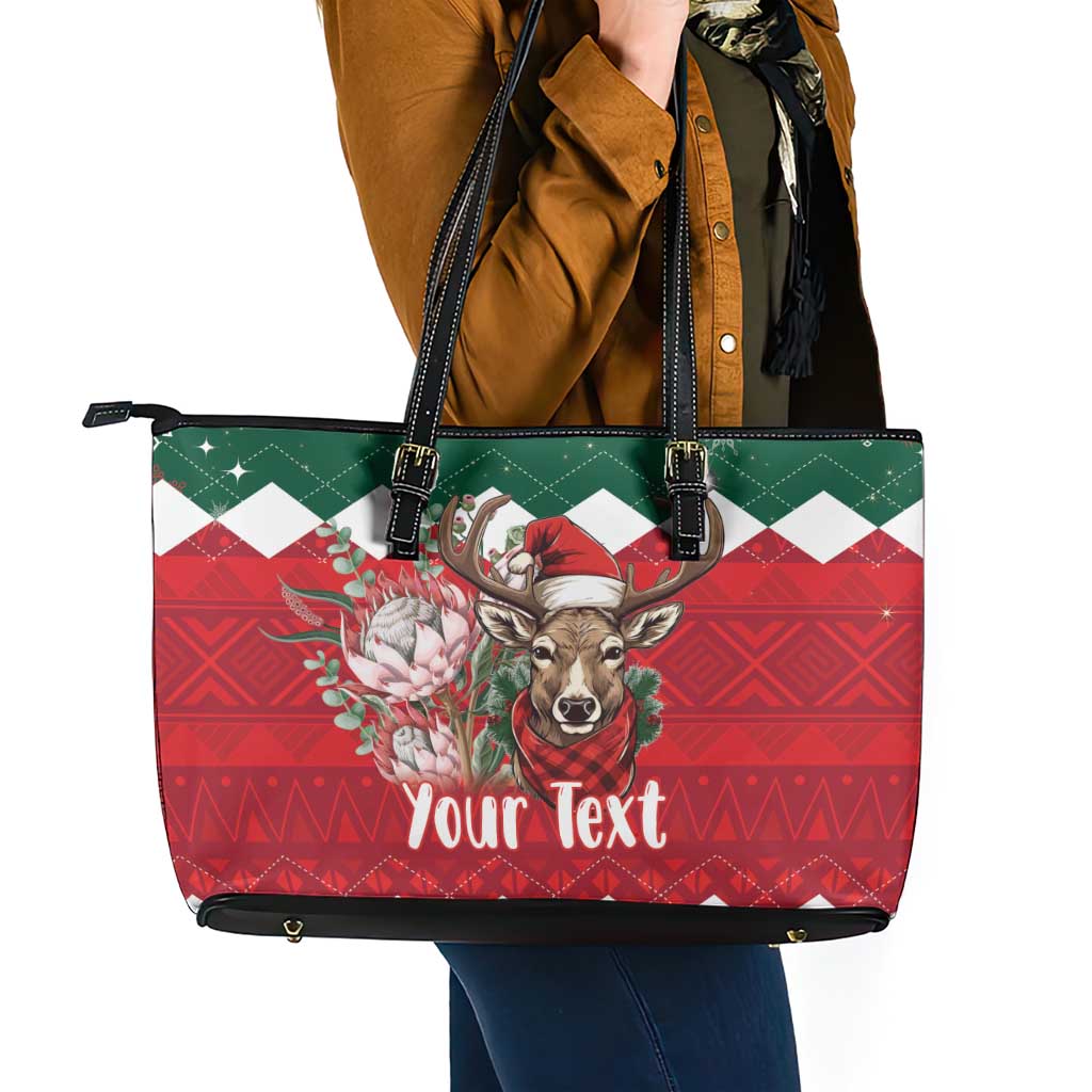 Personalized South Africa Christmas Leather Tote Bag Springbok With King Protea LT18