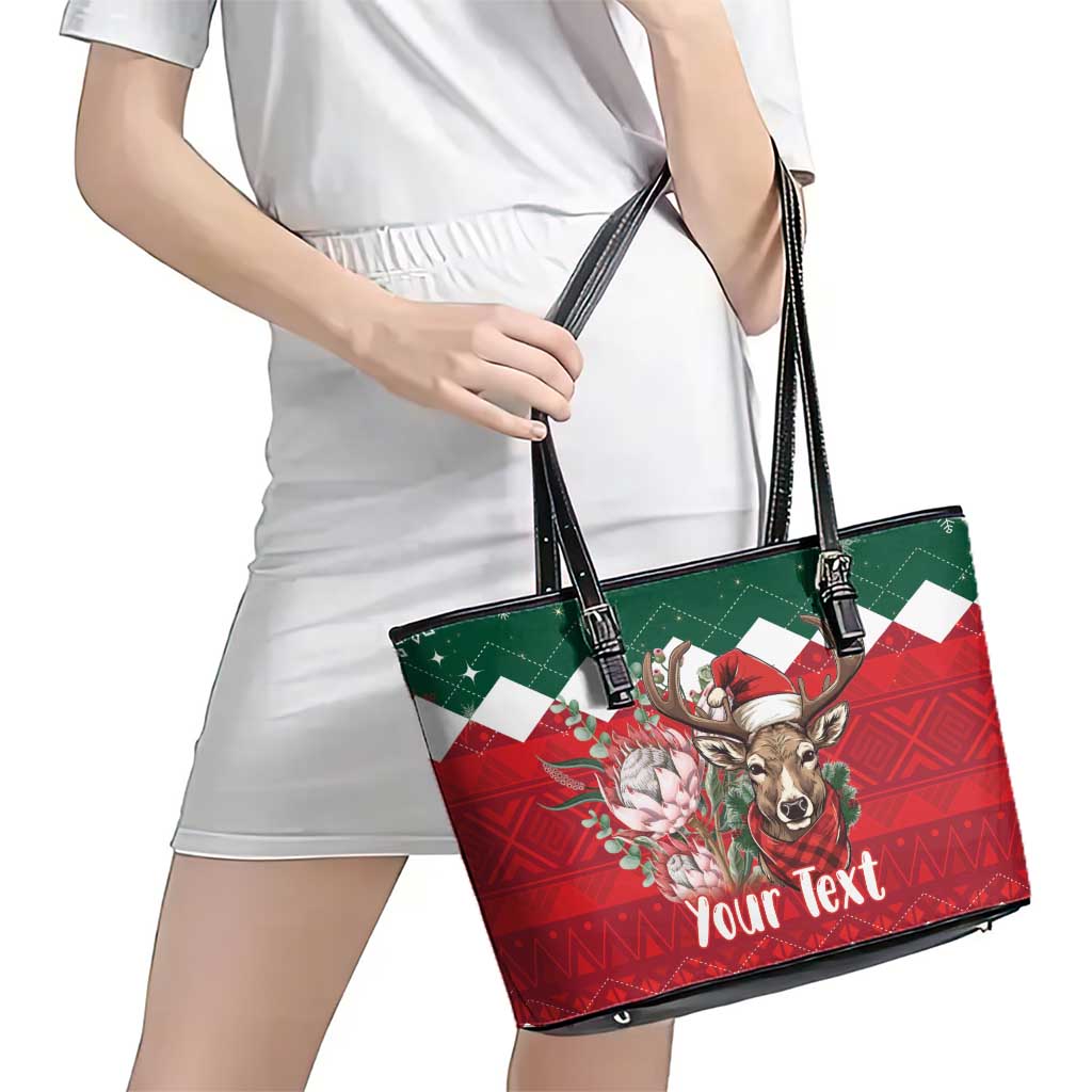Personalized South Africa Christmas Leather Tote Bag Springbok With King Protea LT18