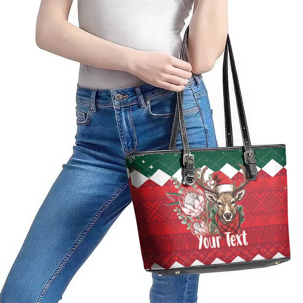Personalized South Africa Christmas Leather Tote Bag Springbok With King Protea LT18