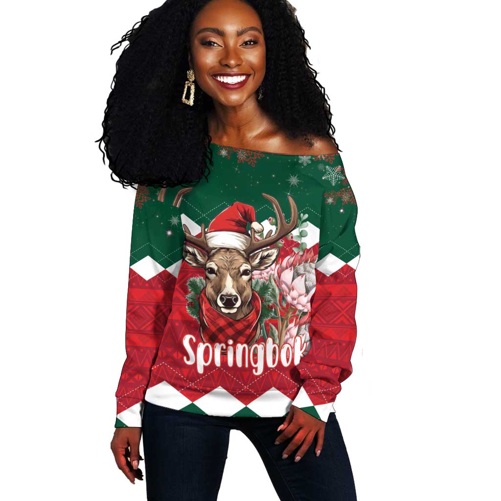 Personalized South Africa Merry Christmas Off Shoulder Sweater Springbok With King Protea LT18