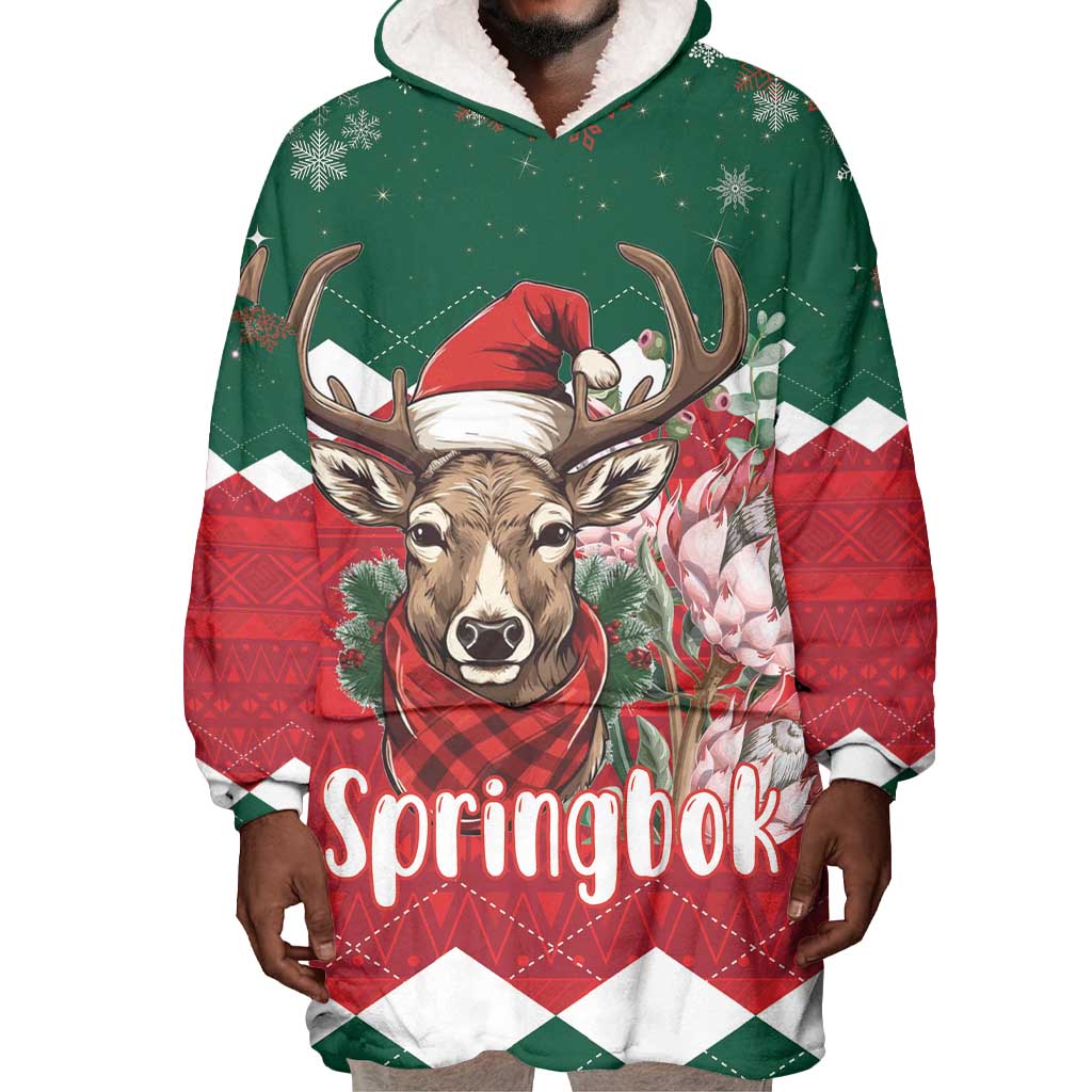 Personalized South Africa Merry Christmas Wearable Blanket Hoodie Springbok With King Protea LT18