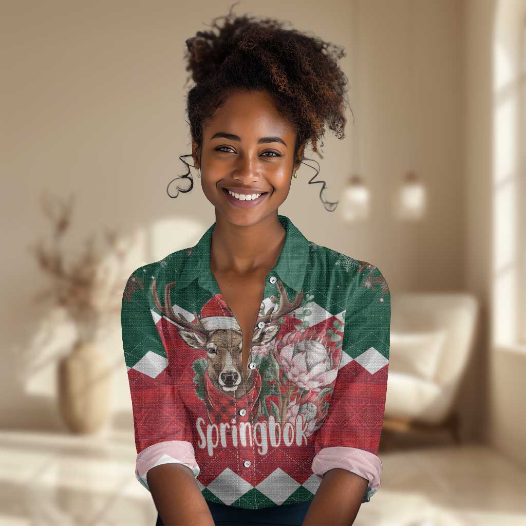 Personalized South Africa Merry Christmas Women Casual Shirt Springbok With King Protea LT18