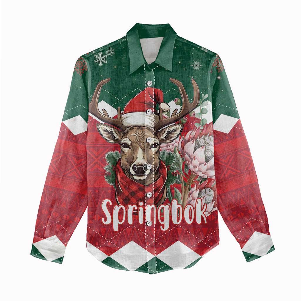 Personalized South Africa Merry Christmas Women Casual Shirt Springbok With King Protea LT18