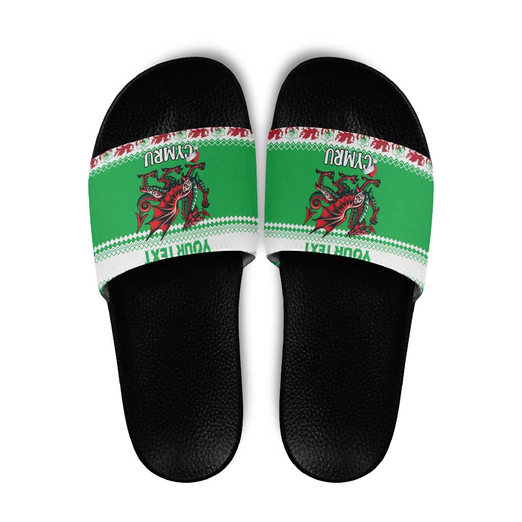 Personalized Wales Christmas Dragon Slide Sandals Nadolig Llawen Green Version LT18