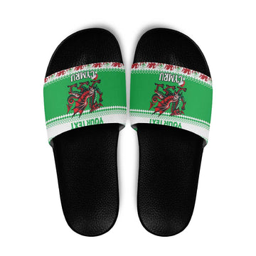 Personalized Wales Christmas Dragon Slide Sandals Nadolig Llawen Green Version LT18