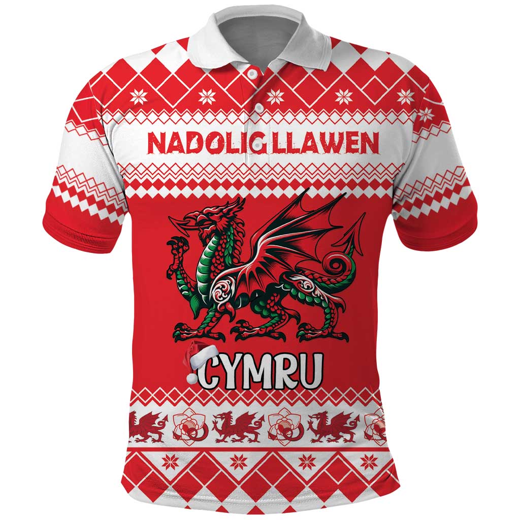 Personalized Wales Christmas Dragon Polo Shirt Nadolig Llawen Red Version LT18