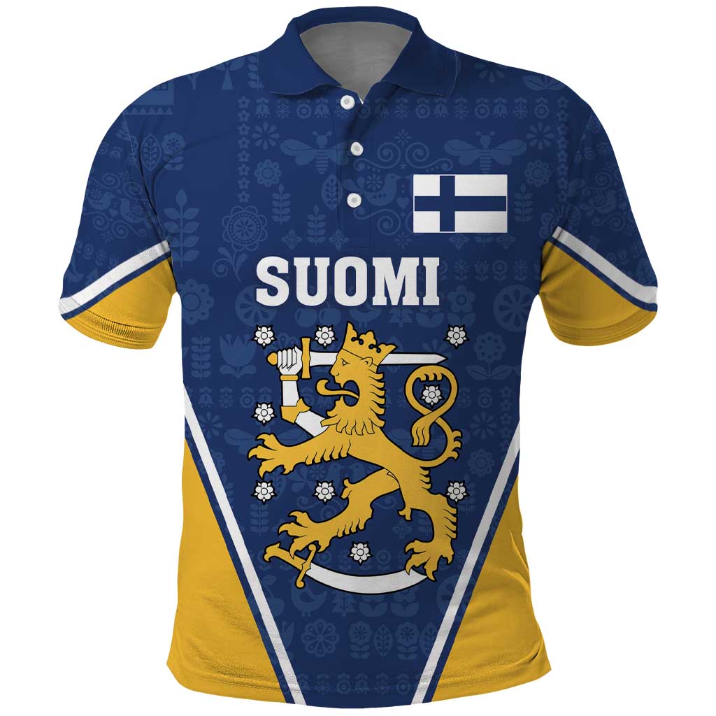 Custom Finland Lion Polo Shirt Finnish Folk Patterns LT18