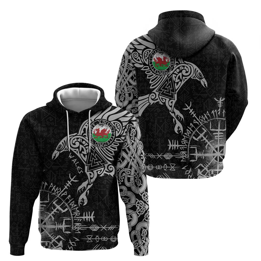 Wales Viking Ravens Hoodie Vegvisir Runes Pattern LT18