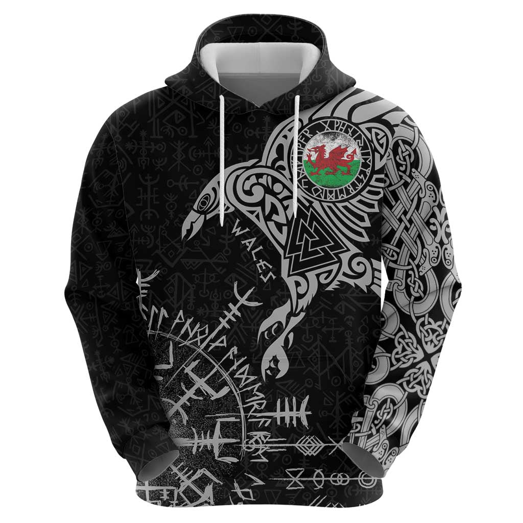 Wales Viking Ravens Hoodie Vegvisir Runes Pattern LT18