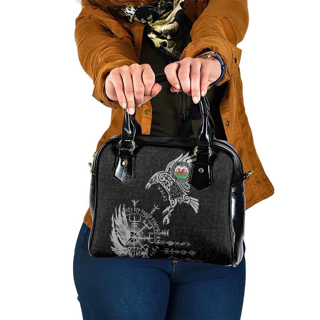 Wales Viking Ravens Shoulder Handbag Vegvisir Runes Pattern LT18