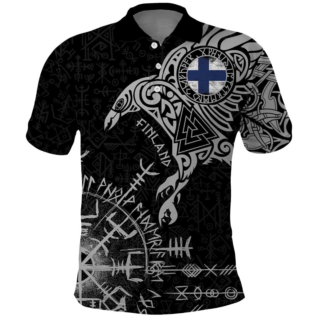 Finland Viking Ravens Polo Shirt Vegvisir Runes Pattern LT18
