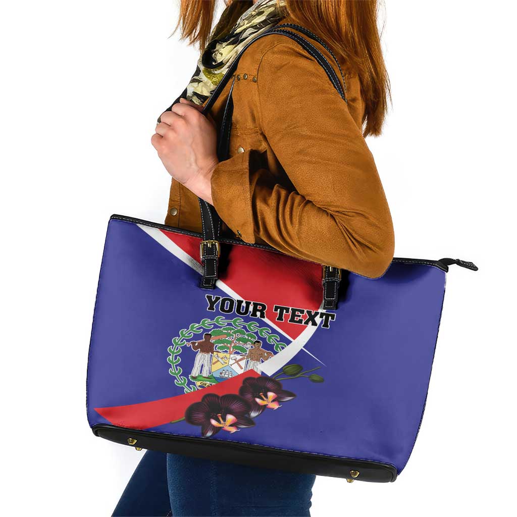 Personalized Belize Coat Of Arms Leather Tote Bag With Black Orchid Flowers LT18