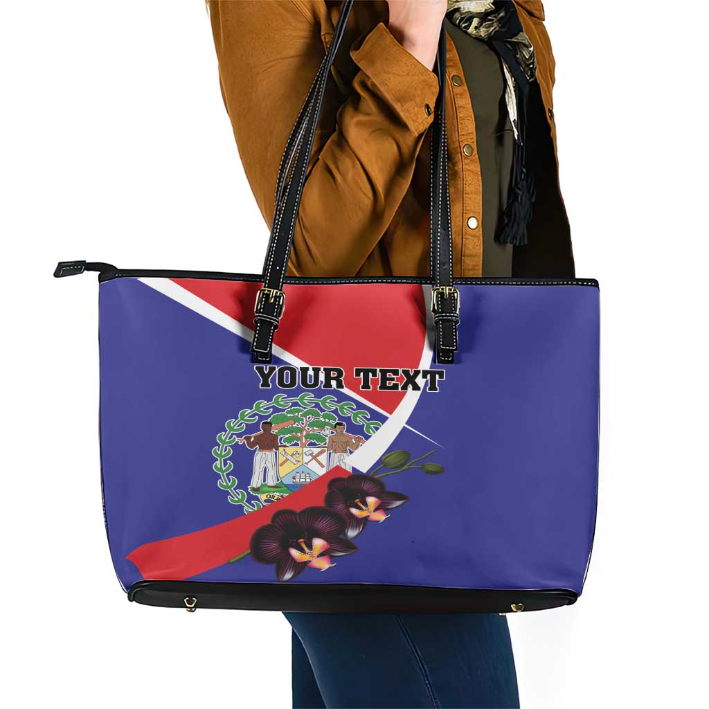 Personalized Belize Coat Of Arms Leather Tote Bag With Black Orchid Flowers LT18