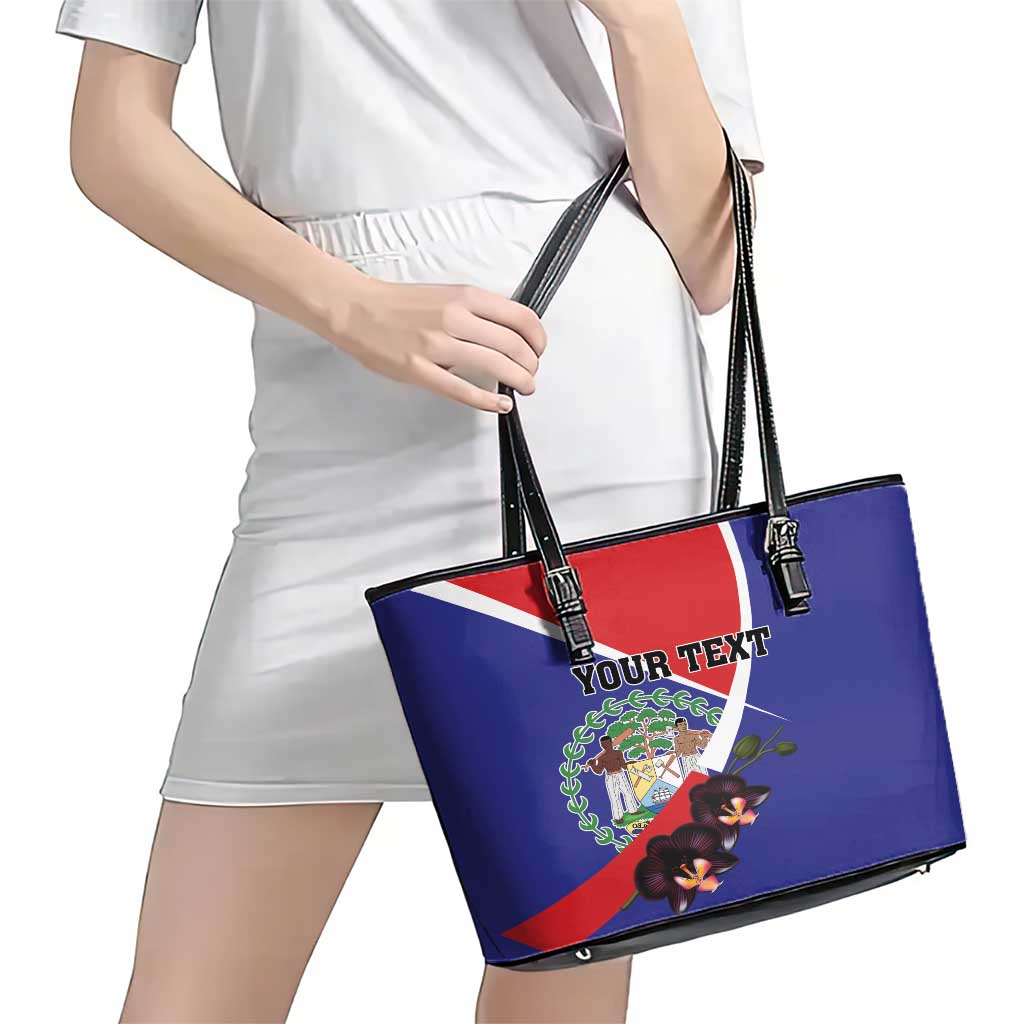 Personalized Belize Coat Of Arms Leather Tote Bag With Black Orchid Flowers LT18