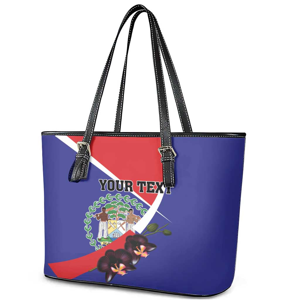Personalized Belize Coat Of Arms Leather Tote Bag With Black Orchid Flowers LT18