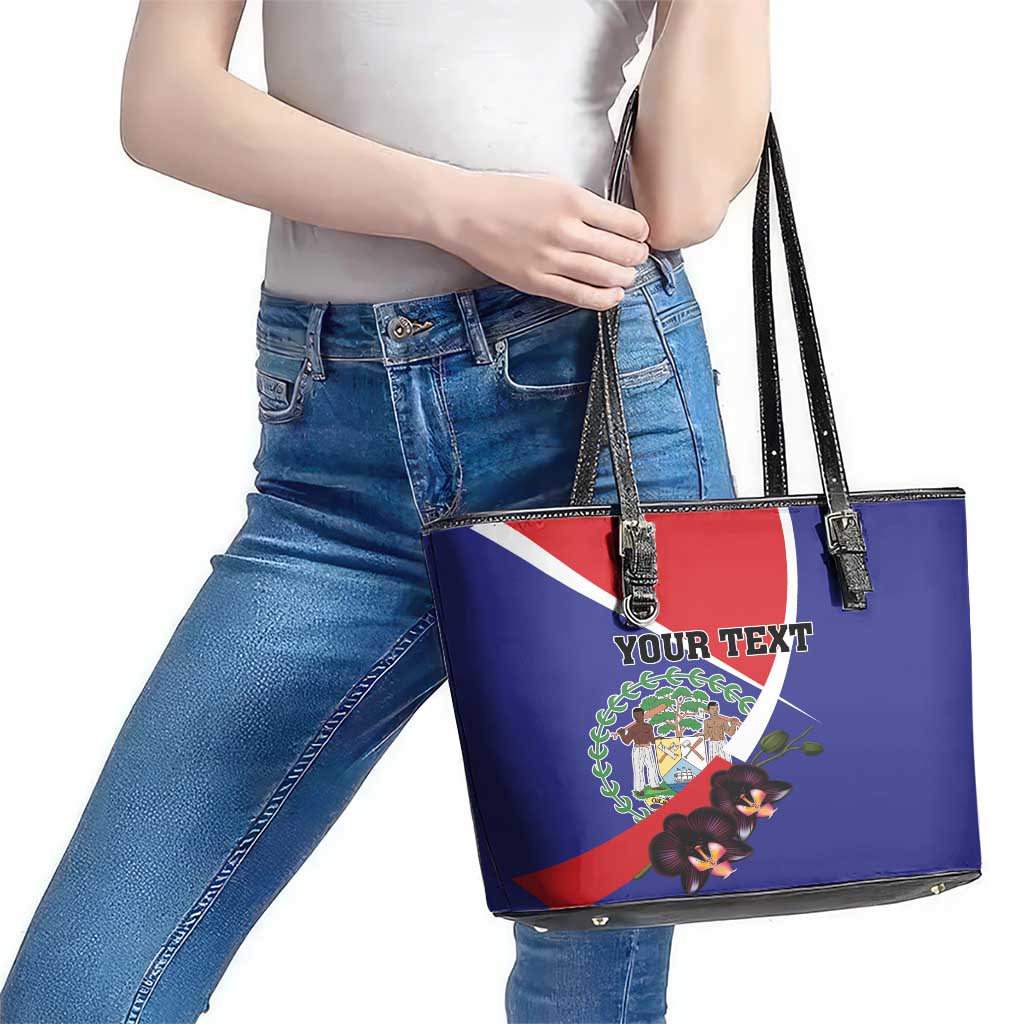 Personalized Belize Coat Of Arms Leather Tote Bag With Black Orchid Flowers LT18