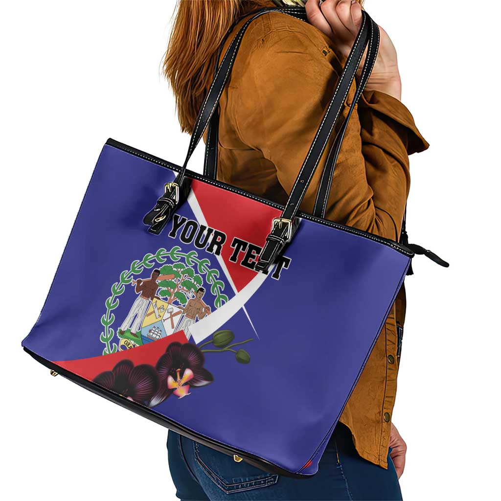 Personalized Belize Coat Of Arms Leather Tote Bag With Black Orchid Flowers LT18