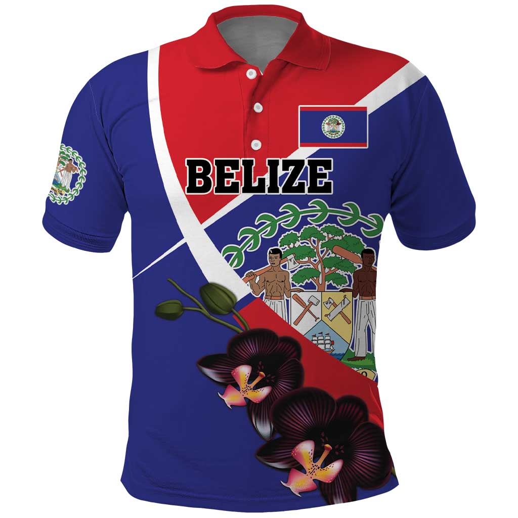 Personalized Belize Coat Of Arms Polo Shirt With Black Orchid Flowers LT18