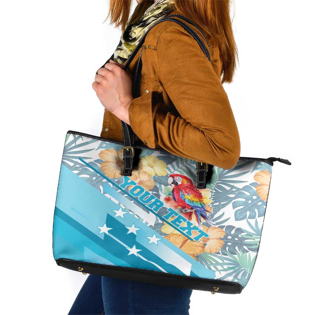 Personalized Roatan Honduras Leather Tote Bag Scarlet Macaw With Hibiscus Flowers LT18