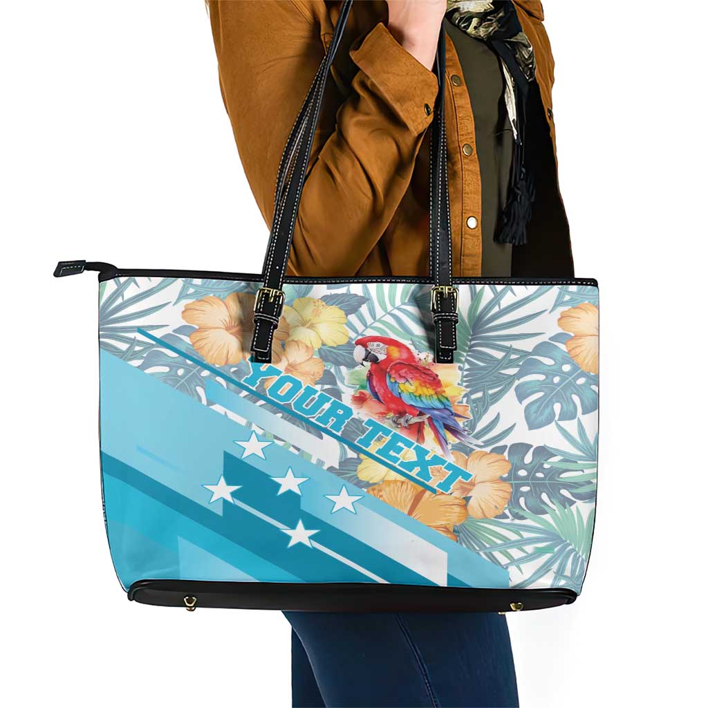 Personalized Roatan Honduras Leather Tote Bag Scarlet Macaw With Hibiscus Flowers LT18