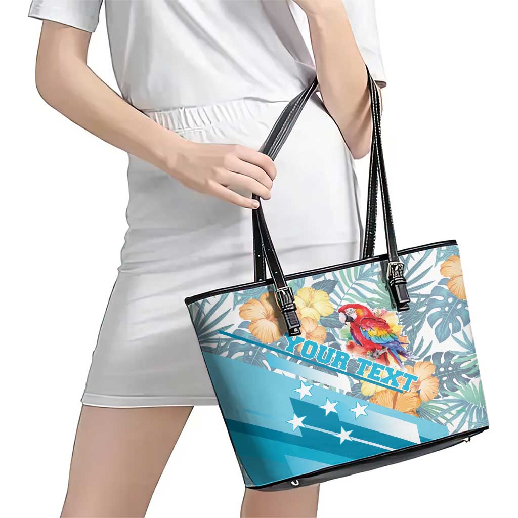 Personalized Roatan Honduras Leather Tote Bag Scarlet Macaw With Hibiscus Flowers LT18