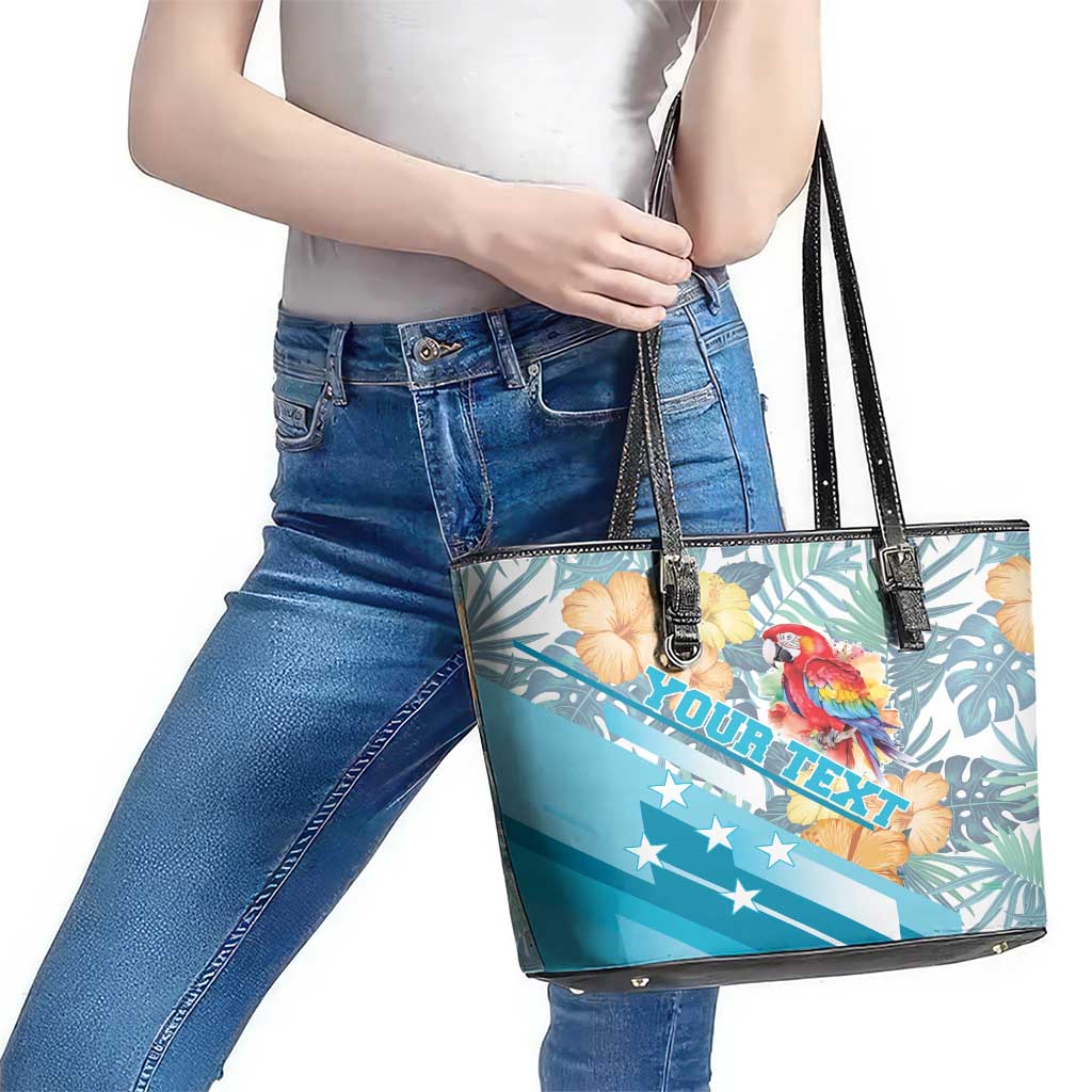 Personalized Roatan Honduras Leather Tote Bag Scarlet Macaw With Hibiscus Flowers LT18