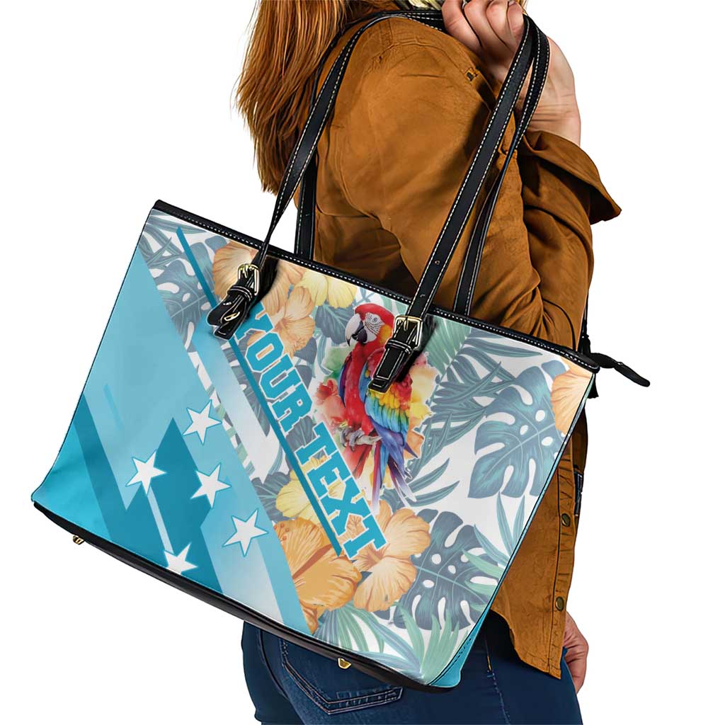 Personalized Roatan Honduras Leather Tote Bag Scarlet Macaw With Hibiscus Flowers LT18