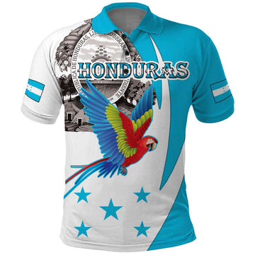 Personalized Honduras Independence Day Polo Shirt Scarlet Macaw With Coat Of Arms LT18