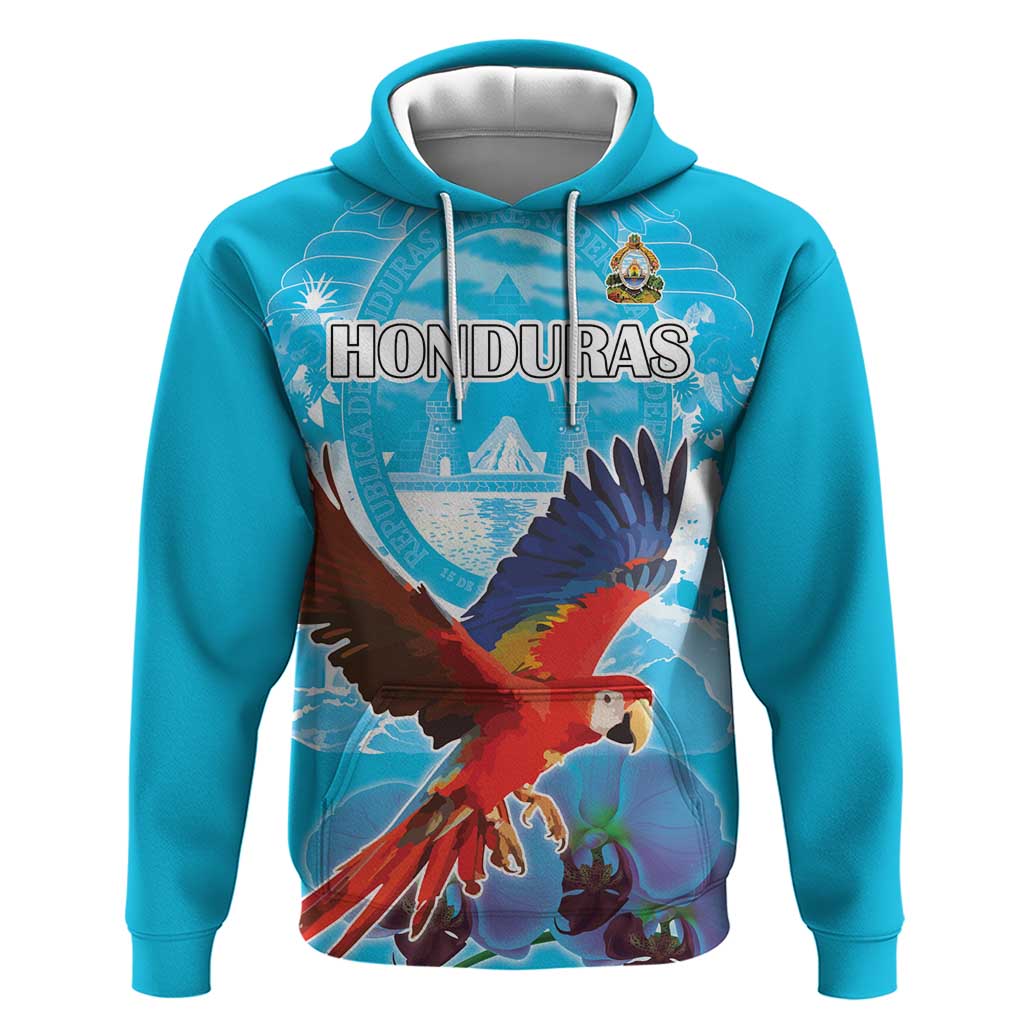 Custom Honduras Independence Day Hoodie Scarlet Macaw With Orchid Flower LT18