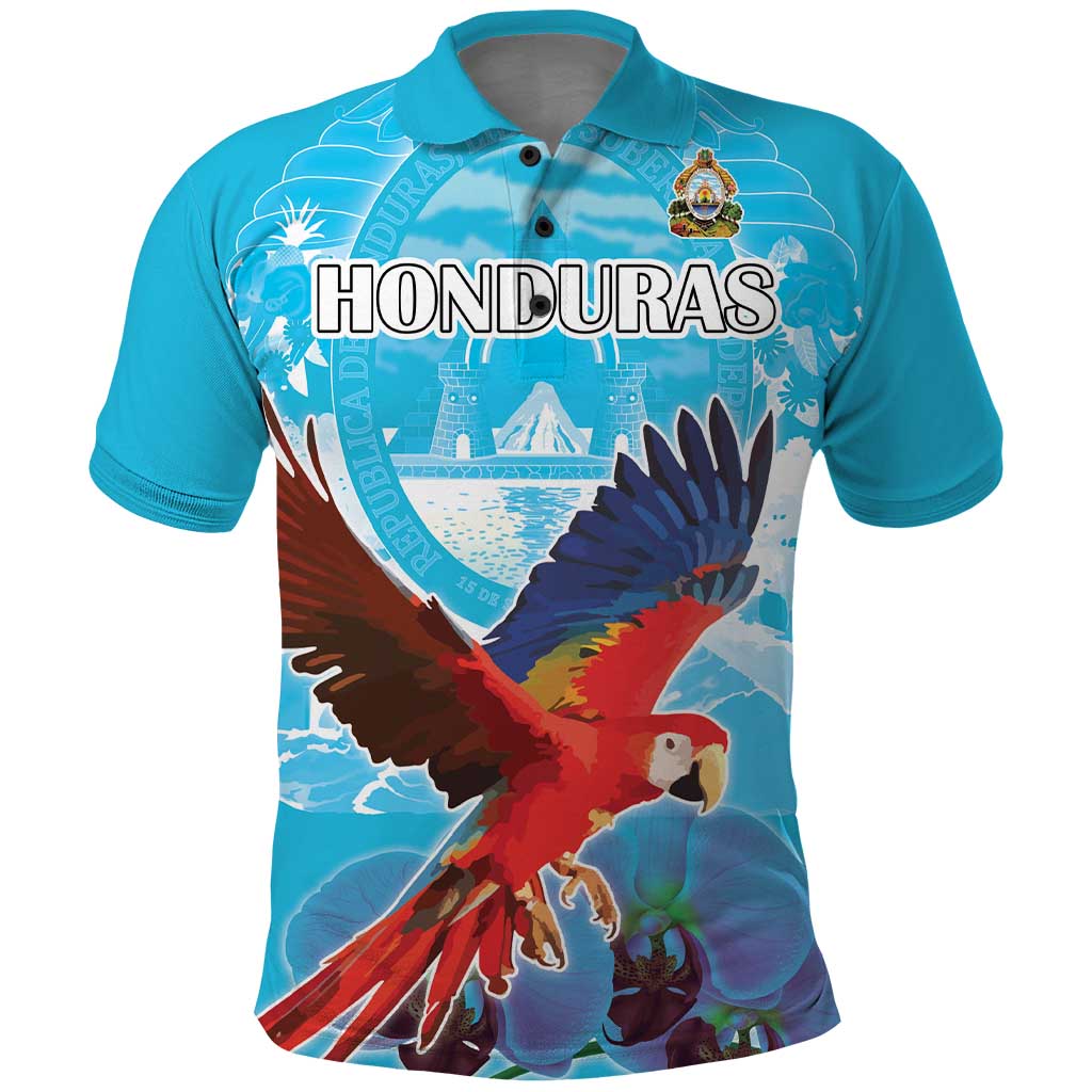 Custom Honduras Independence Day Polo Shirt Scarlet Macaw With Orchid Flower LT18