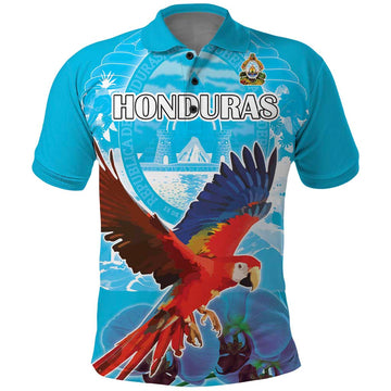 Custom Honduras Independence Day Polo Shirt Scarlet Macaw With Orchid Flower LT18