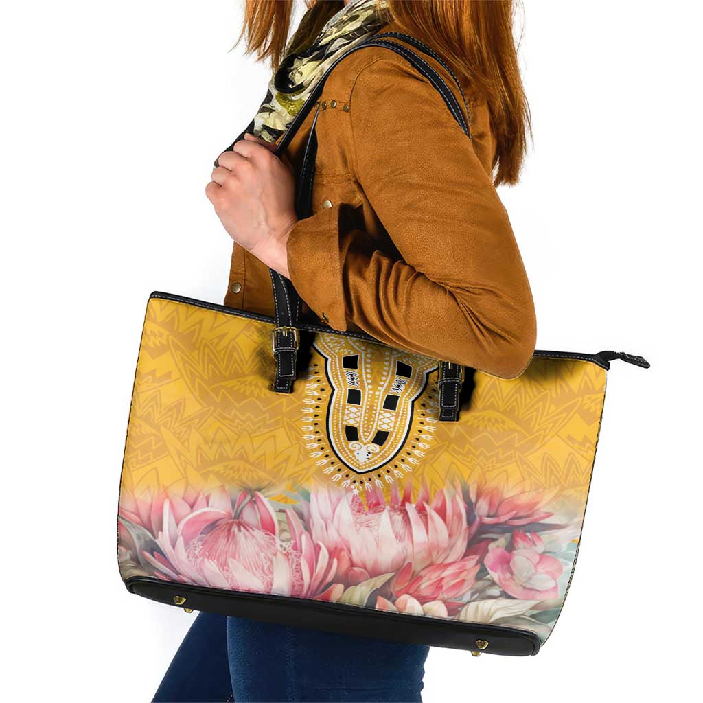 Africa Dashiki Leather Tote Bag King Protea Floral Motif Patterns LT18