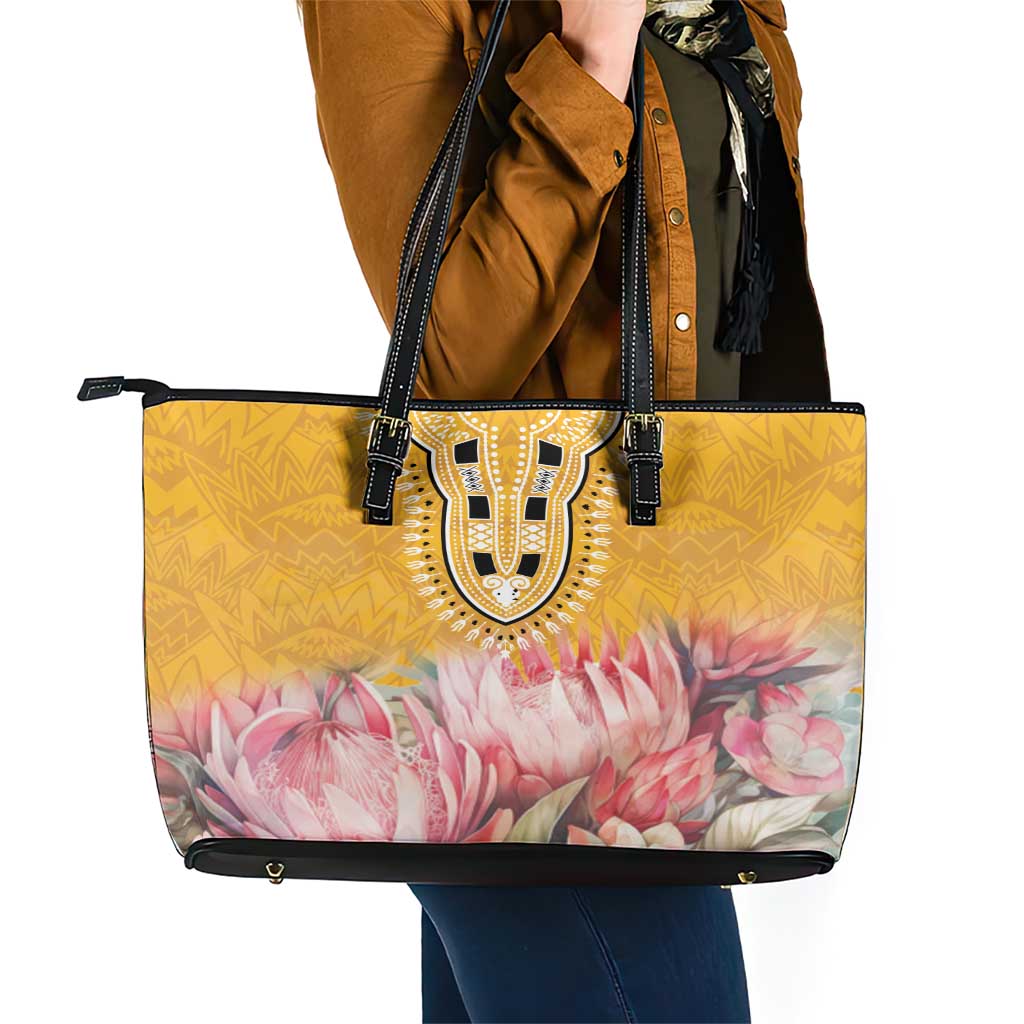 Africa Dashiki Leather Tote Bag King Protea Floral Motif Patterns LT18