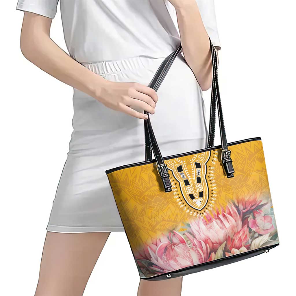 Africa Dashiki Leather Tote Bag King Protea Floral Motif Patterns LT18