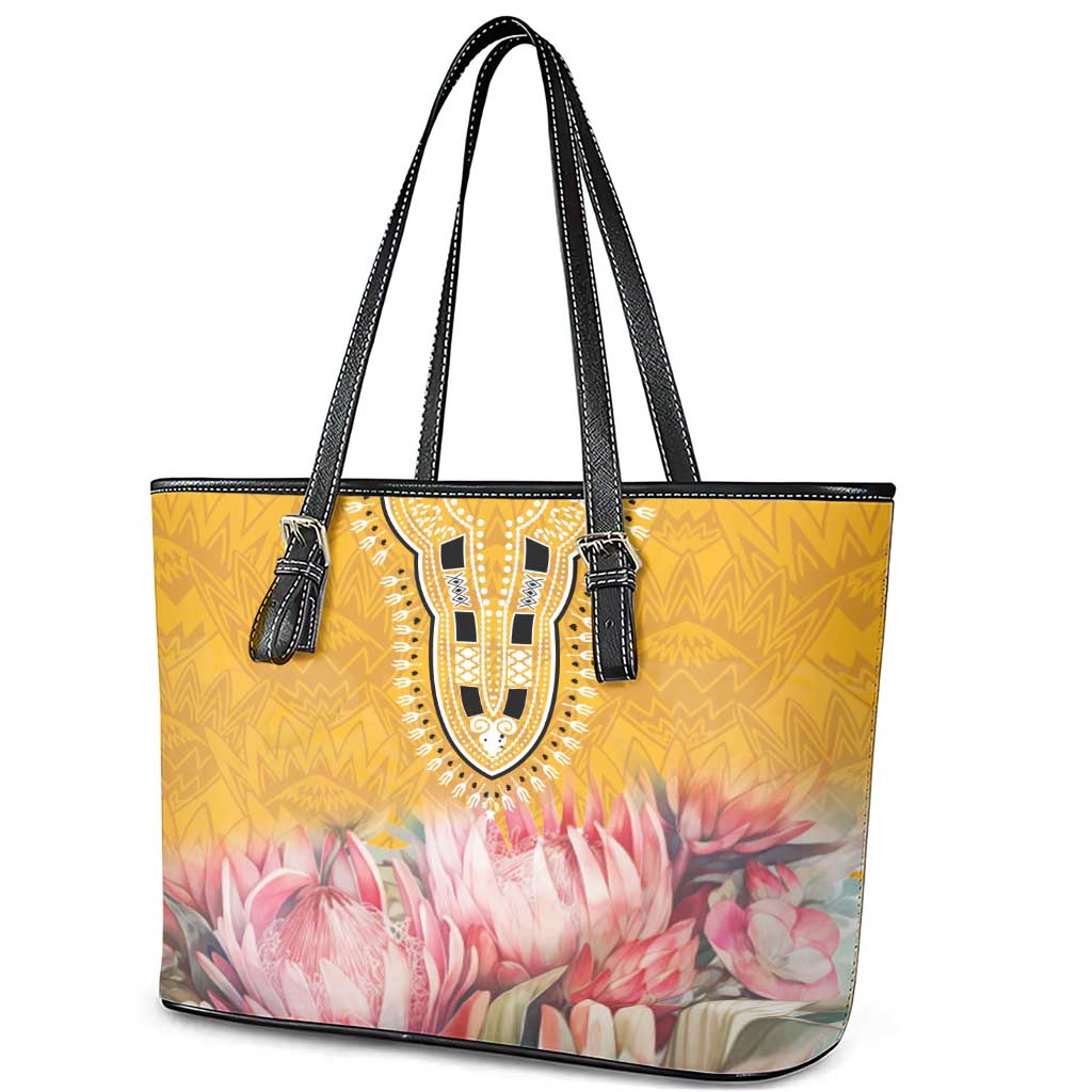 Africa Dashiki Leather Tote Bag King Protea Floral Motif Patterns LT18