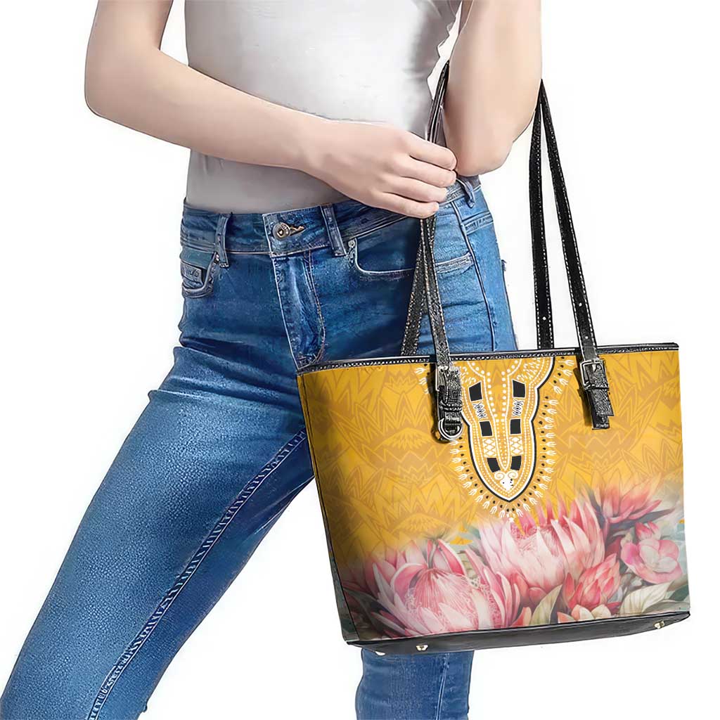 Africa Dashiki Leather Tote Bag King Protea Floral Motif Patterns LT18