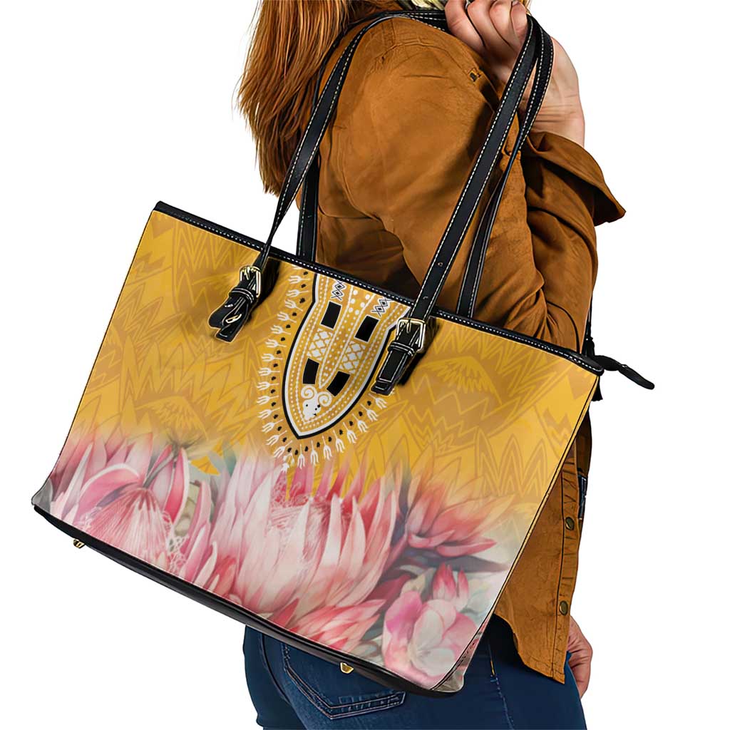 Africa Dashiki Leather Tote Bag King Protea Floral Motif Patterns LT18