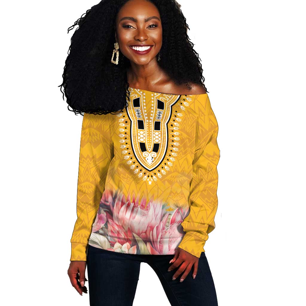 Africa Dashiki Off Shoulder Sweater King Protea Floral Motif Patterns LT18