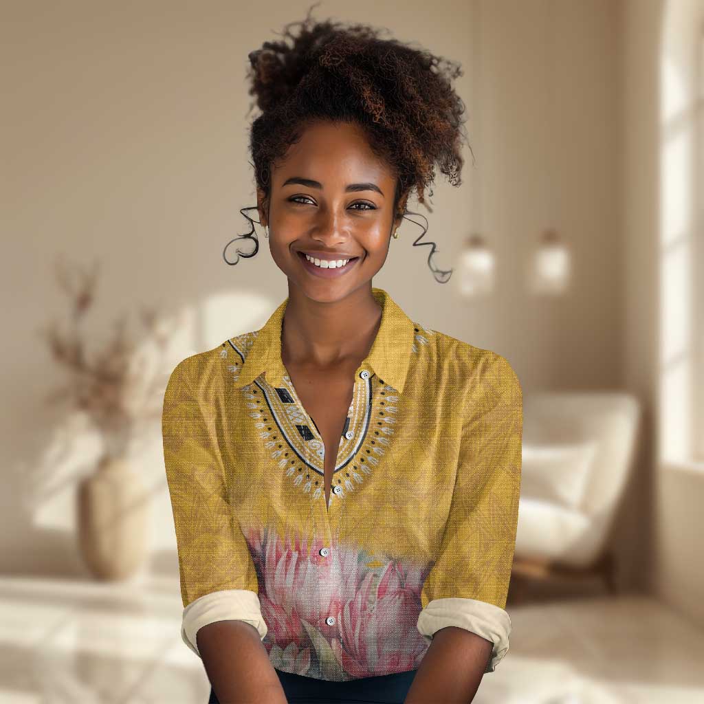 Africa Dashiki Women Casual Shirt King Protea Floral Motif Patterns LT18