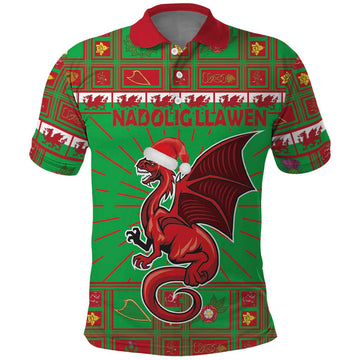 Personalized Wales Nadolig Llawen Polo Shirt Welsh Dragon Mascot - Merry Xmas LT18