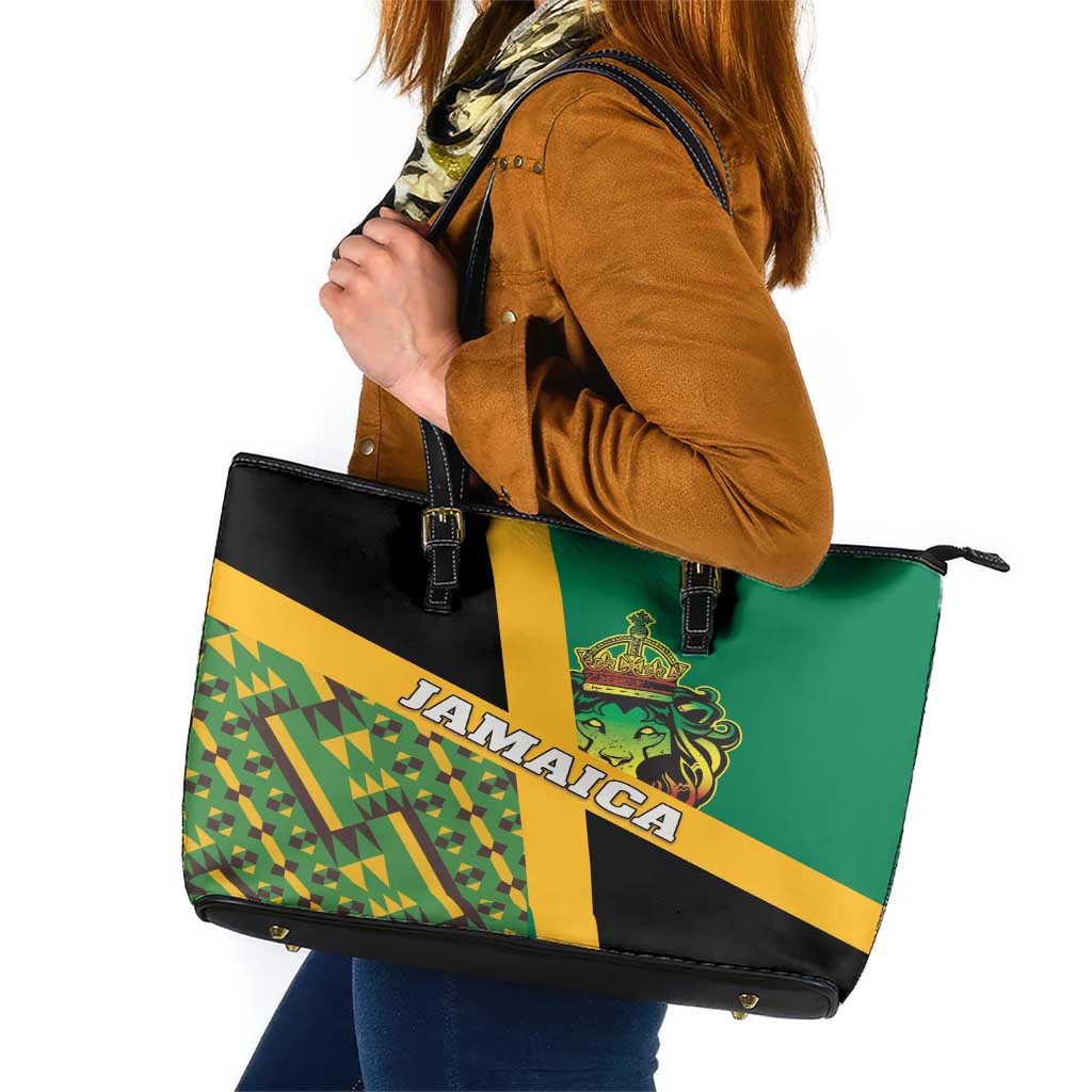 Jamaica Lion Rastafarian Leather Tote Bag With Kente Pattern LT18