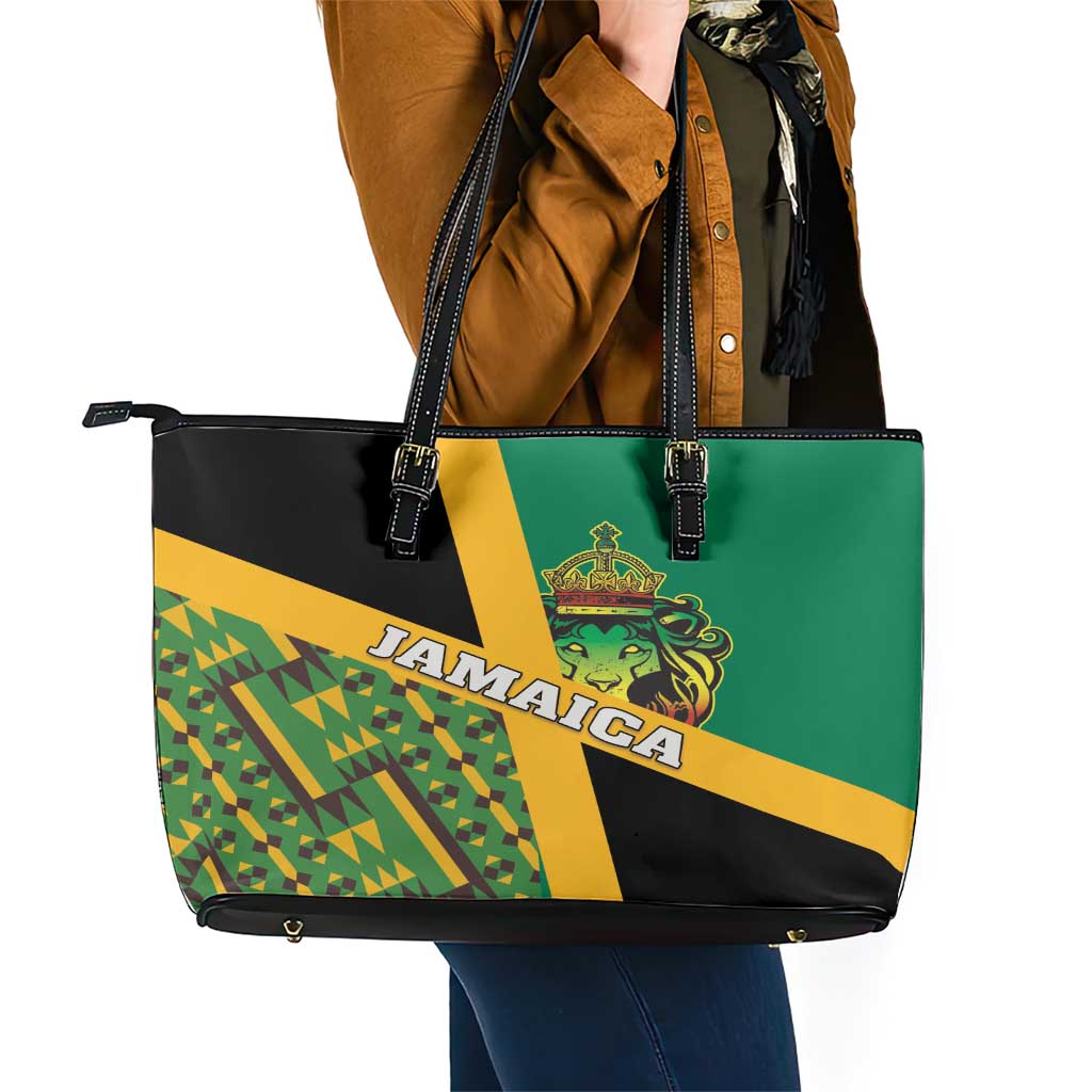 Jamaica Lion Rastafarian Leather Tote Bag With Kente Pattern LT18