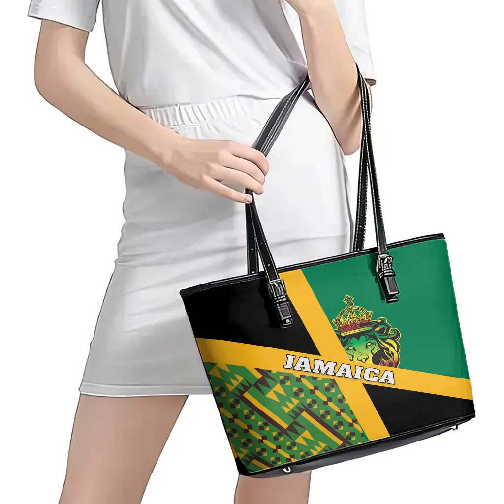 Jamaica Lion Rastafarian Leather Tote Bag With Kente Pattern LT18