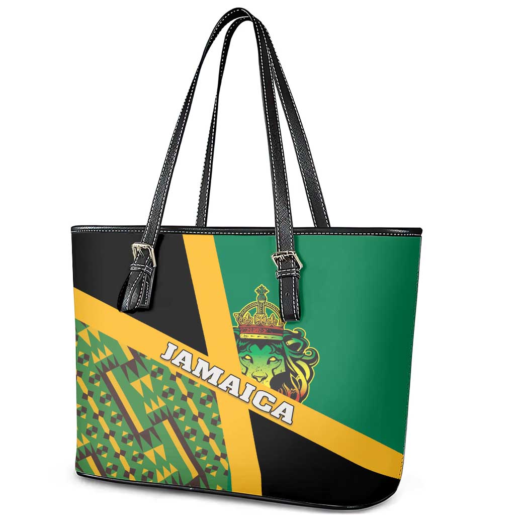 Jamaica Lion Rastafarian Leather Tote Bag With Kente Pattern LT18