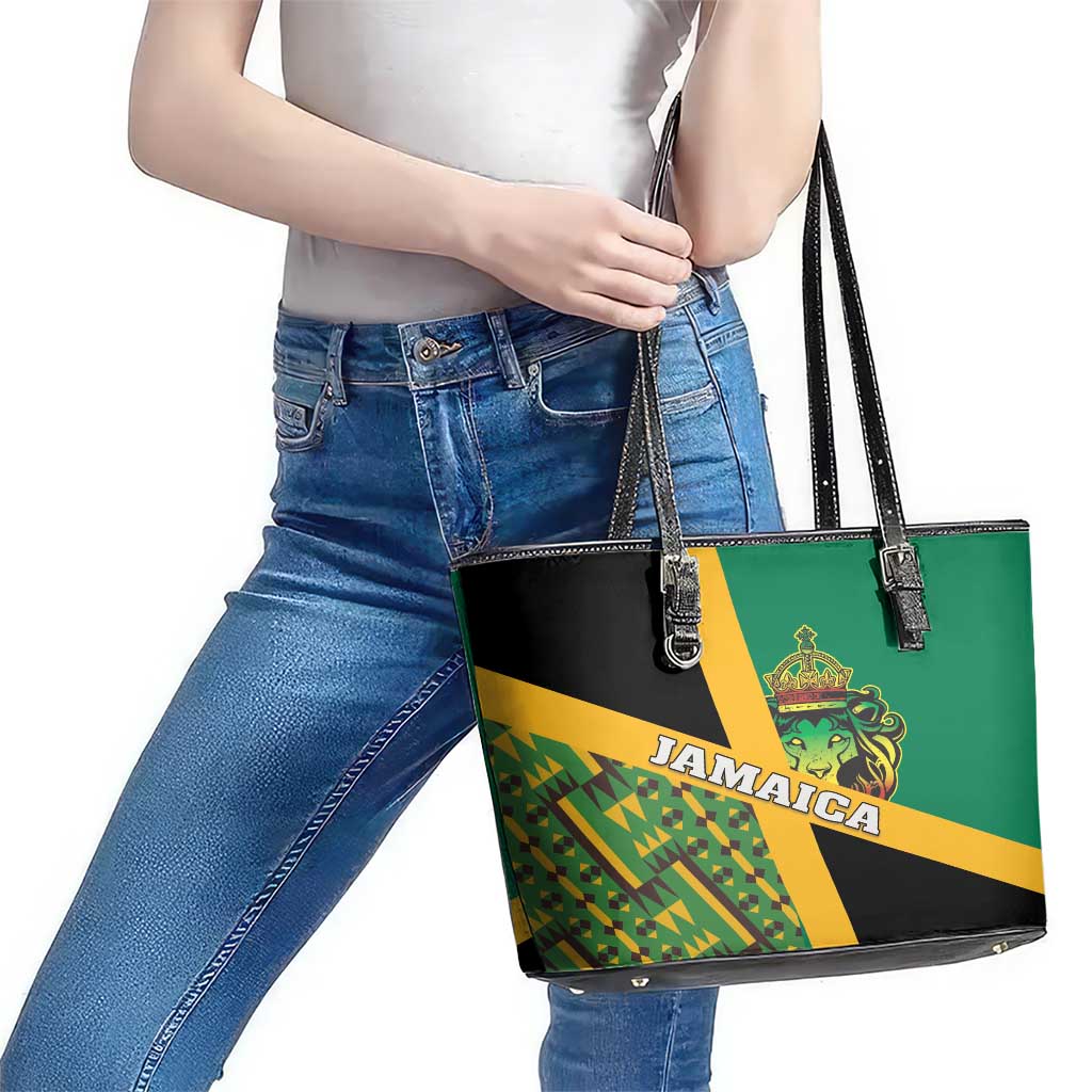 Jamaica Lion Rastafarian Leather Tote Bag With Kente Pattern LT18
