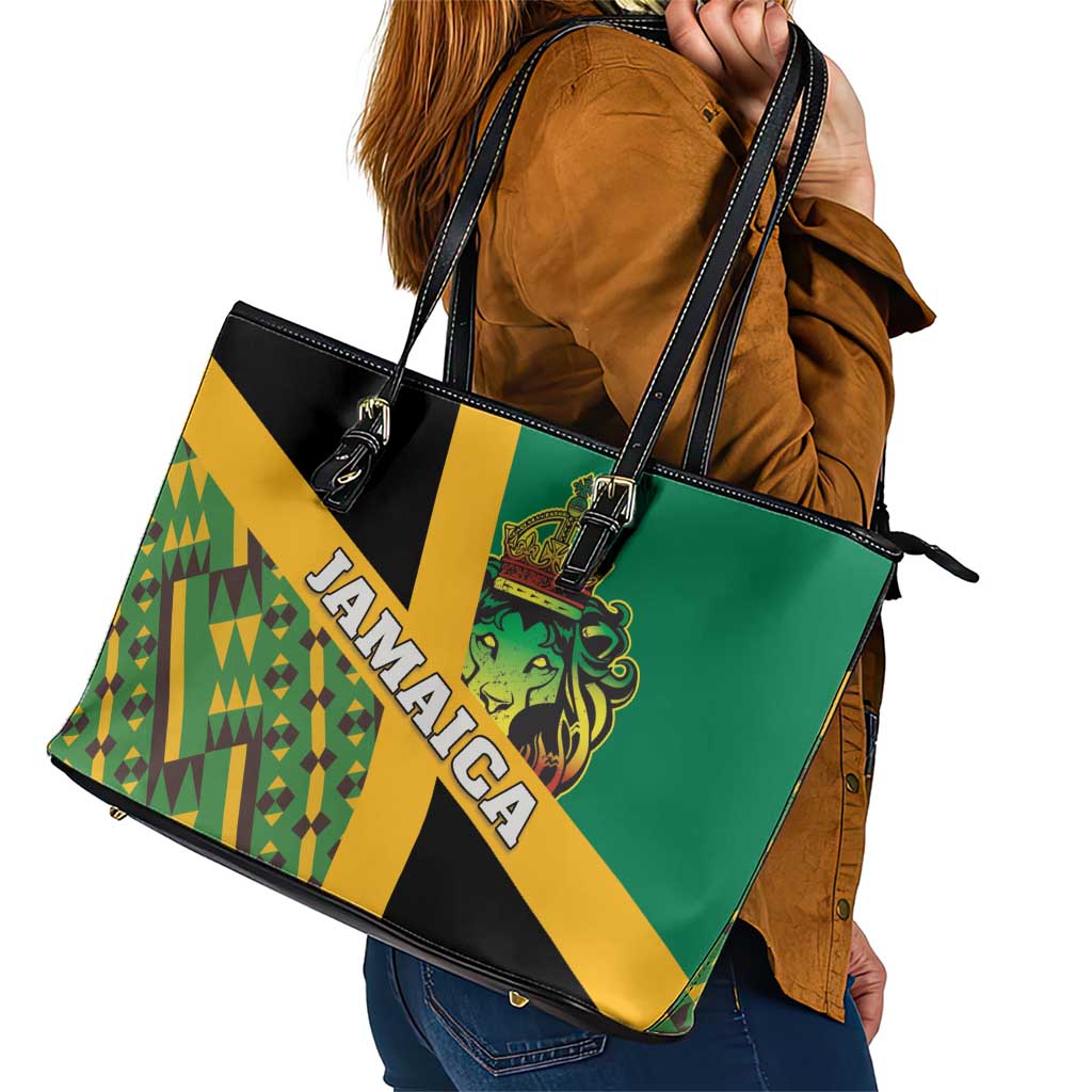 Jamaica Lion Rastafarian Leather Tote Bag With Kente Pattern LT18