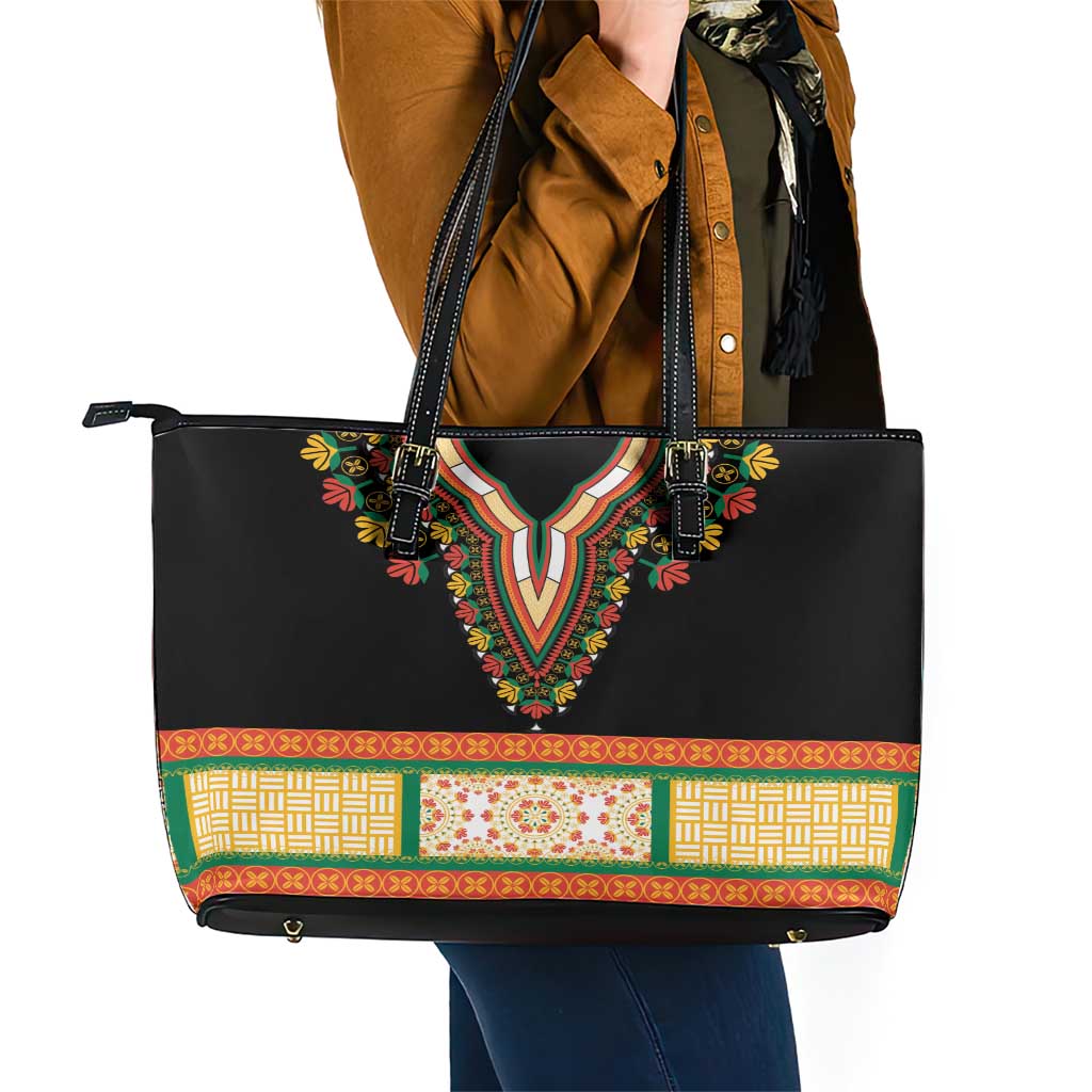 Africa Dashiki Leather Tote Bag Embroidery Neckline Floral Pattern LT18