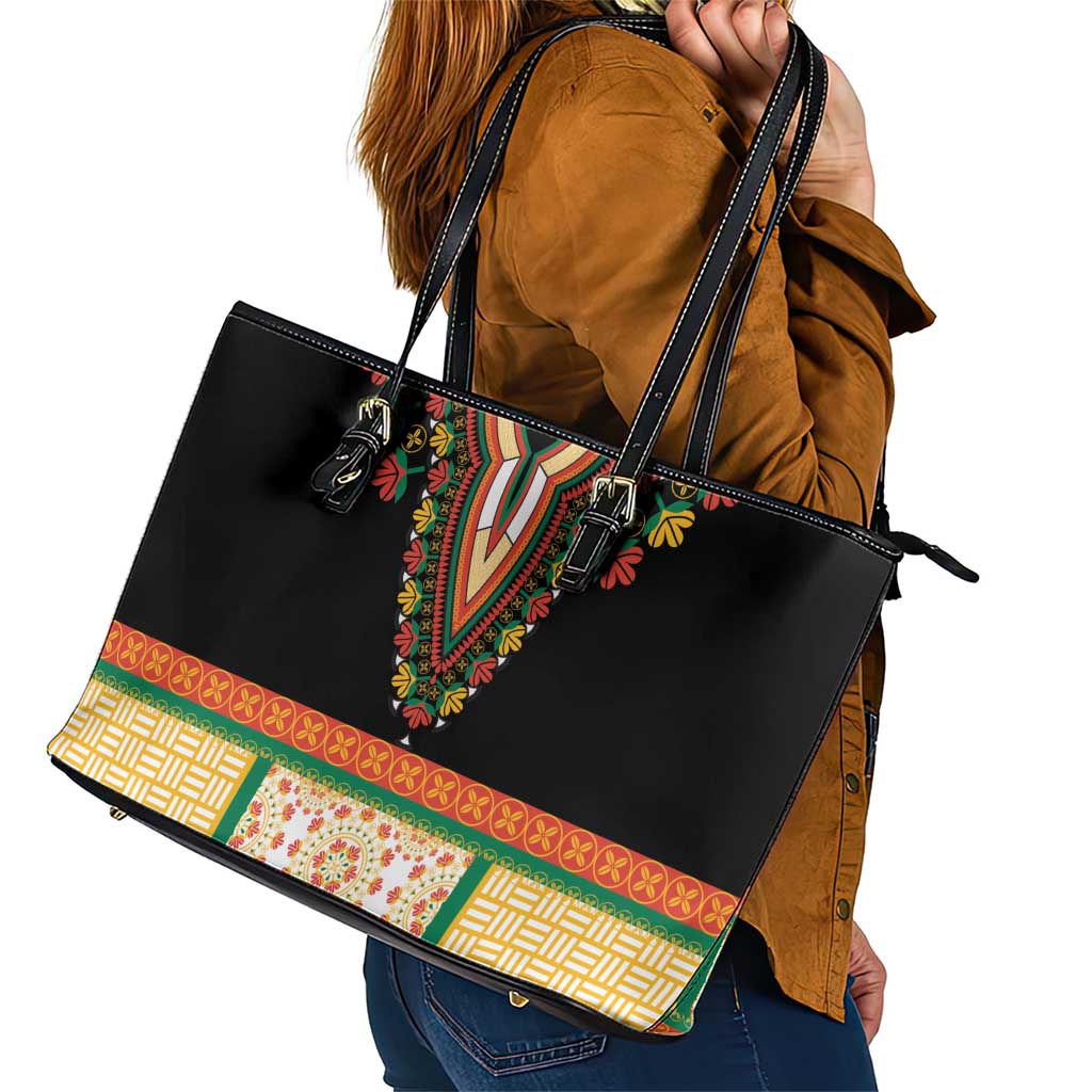 Africa Dashiki Leather Tote Bag Embroidery Neckline Floral Pattern LT18