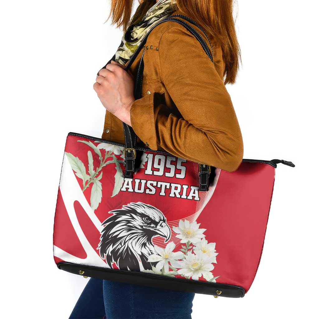 Austria Independence Day 1955 Leather Tote Bag Black Eagle And Edelweiss Flowers LT18